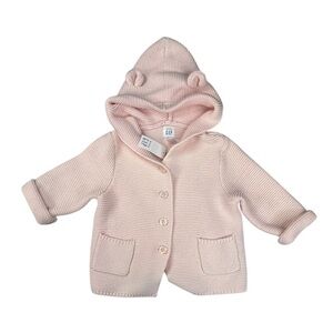 Baby GAP Knit Hoodie Sweater Jacket 12-18 Months | Pink Bear Ear Hood Baby Girl